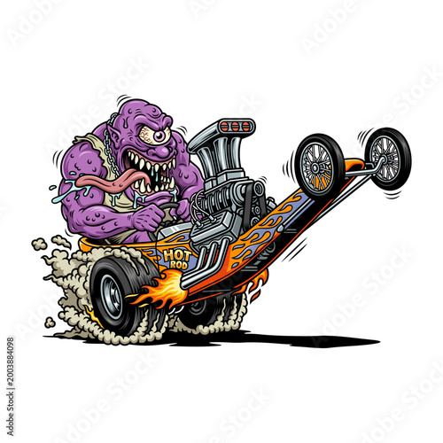 Wild Purple Cyclops Monster Driving a Dragster Hot Rod Illustration