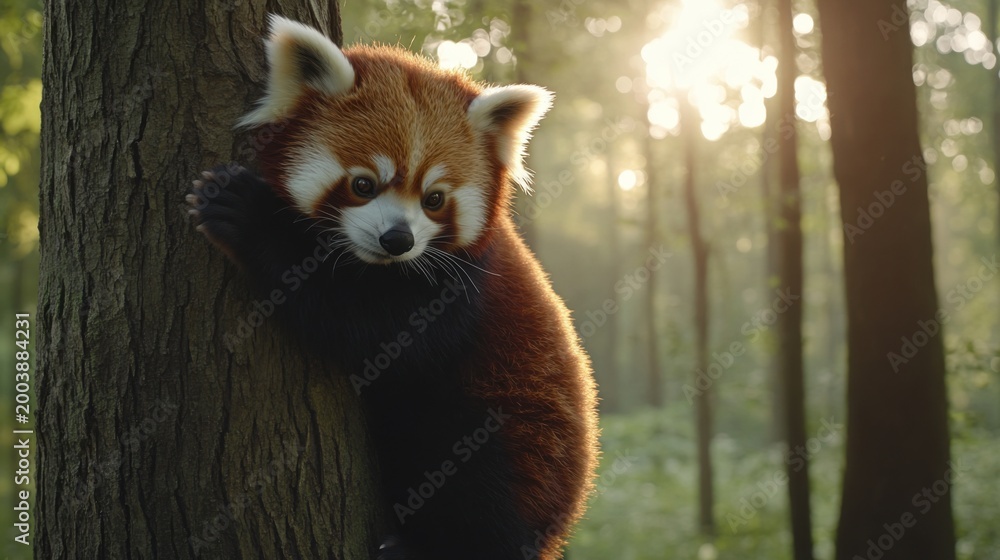 Fototapeta premium Adorable red panda climbing tree in lush green forest setting