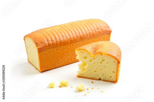 Rectangular sponge cake(cupcake) isolated on a white background, soft airy texture, simple bakery product for dessert and food design.