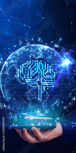 Artificial intelligence (AI), machine learning and modern computer technologies concepts.