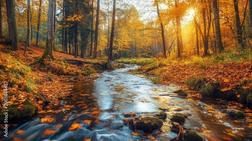 Forest stream flows over smooth stones surrounded by colorful fallen leaves during a bright autumn afternoon.