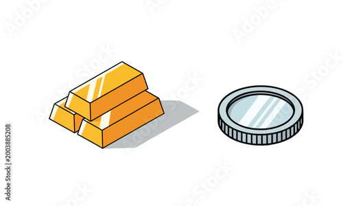 Gold bars and silver coin isometric illustration representing wealth, investment, and finance