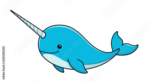 Canvastavla Cute cartoon narwhal swimming, marine mammal with tusk, Arctic ocean animal illu