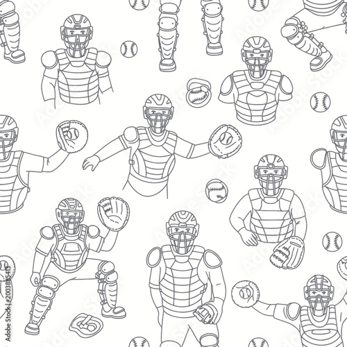 Konstfotografi Baseball Catcher Sports Equipment and Uniforms Seamless Pattern Outline