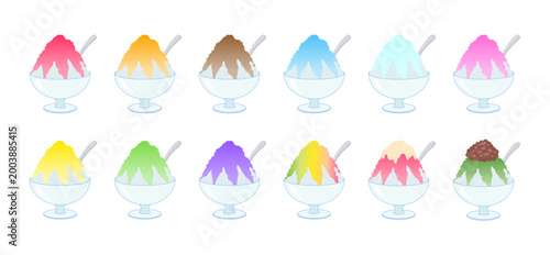 かき氷デザートセット（ガラス皿）｜カフェ風・シロップバリエーション・夏スイーツ素材