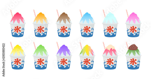 カラフルなかき氷カップセット｜夏祭り・シロップバリエーション・和風スイーツ素材