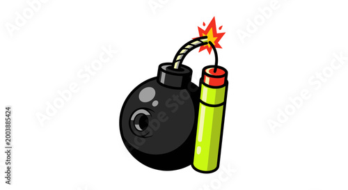 Cartoon Bomb with Lit Fuse and Dynamite Stick