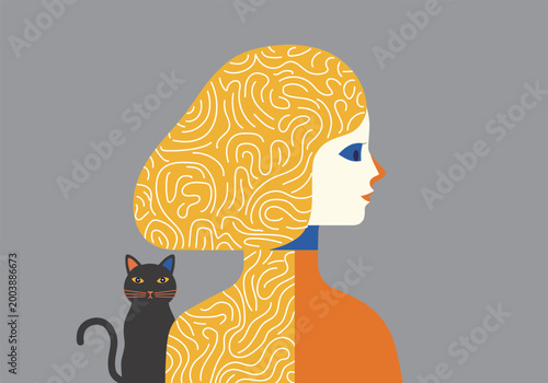 考える女性と見守る猫の静かなアートイラスト