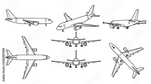 Variety of aircraft designs illustrated in line art minimalist style