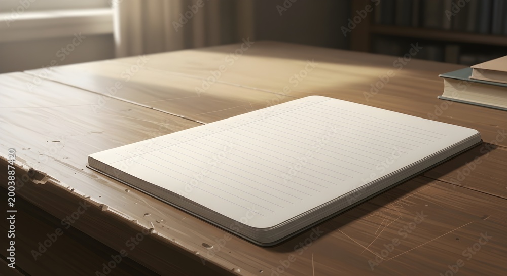 Fototapeta premium A blank lined notebook resting on a rustic wooden table, illuminated by soft natural light, with a blurred bookshelf in the background