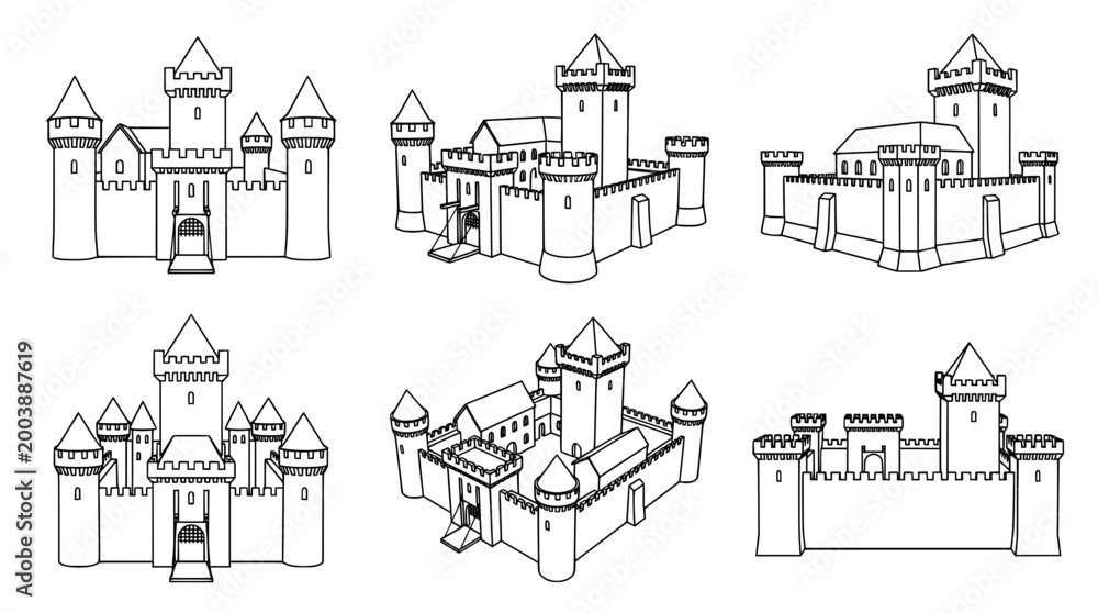 Naklejka premium Minimalist Line Art Castle Collection in Simple Outline Style