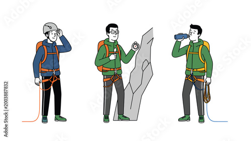 Male Climber Activities Set: Gear Check, Navigation, and Hydration for Outdoor Mountaineering and Rock Climbing Adventure