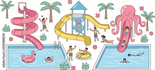 Children Enjoying Water Park with Slides, Pools, Flamingo and Octopus Inflatable Floats, and Palm Trees for Summer Fun Illustrations