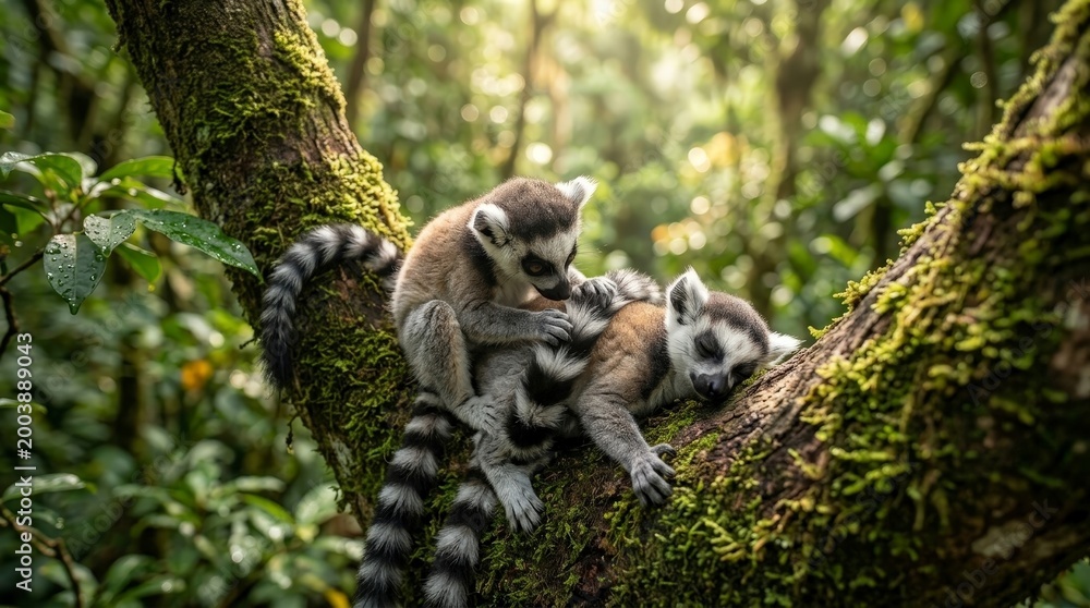 Fototapeta premium Two ring tailed lemurs grooming each other on a mossy tree