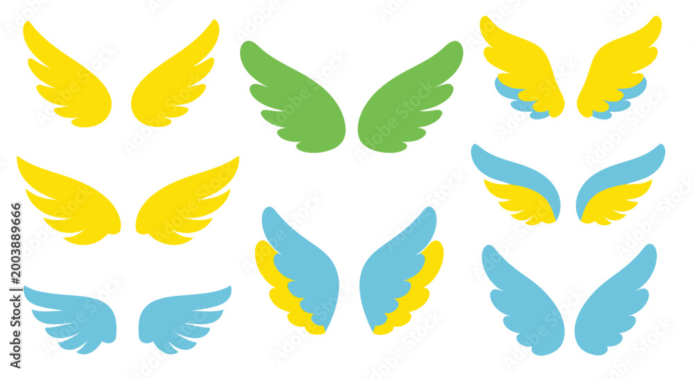 Fototapeta premium Set of Colorful Angel Wings Icons, Vector Illustrations