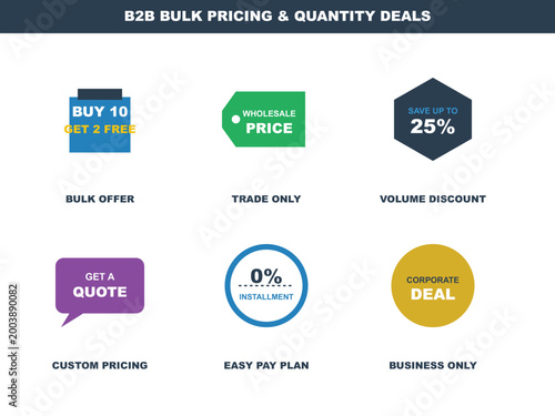 B2B bulk pricing and quantity deals vector icon set, wholesale business discount labels, corporate trade offer badges for commercial sales