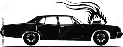 Cuadro en lienzo Black muscle car silhouette with flames, vintage hot rod vehicle illustration fo