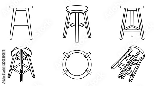 Minimalist line art drawings of eclectic stool designs from different angles.