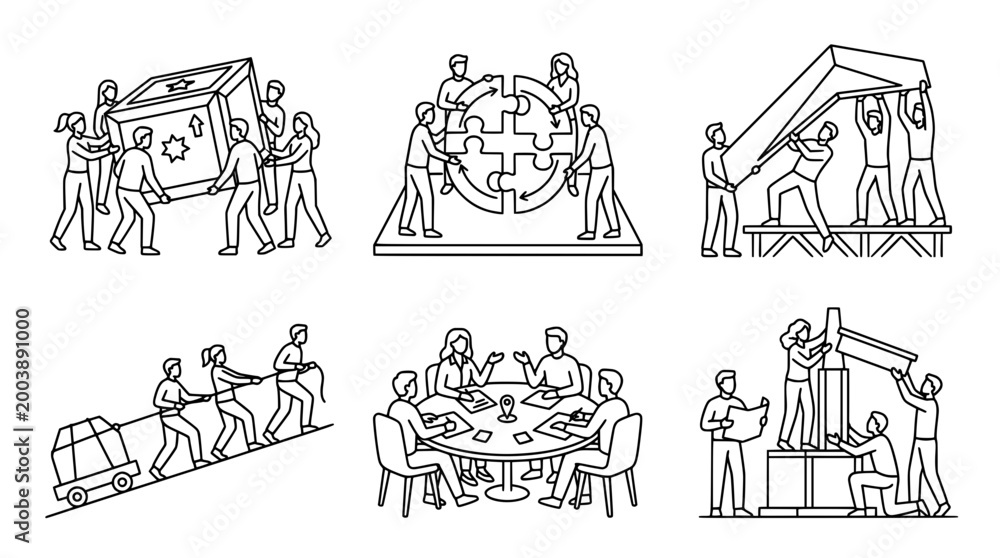 Obraz premium Collaboration and Teamwork Vector Line Art Collection Illustrations