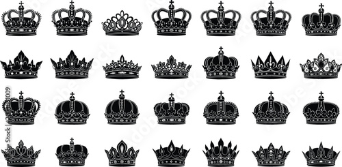 Konstfotografi Collection of vintage royal crowns silhouettes set, ornate king and queen tiaras