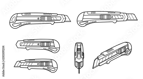 Stylish minimalist utility knife designs in crisp line art style