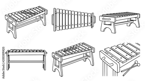 Minimalist Line Art Collection of Wooden Xylophones in Outline Style