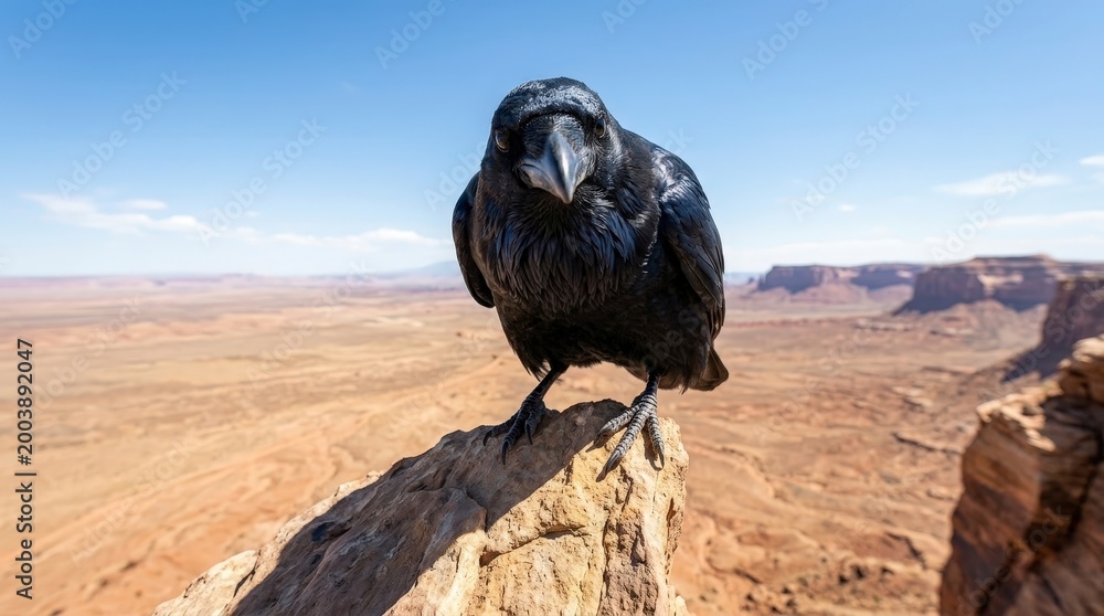 Fototapeta premium Raven perched on a rock overlooking a desert landscape