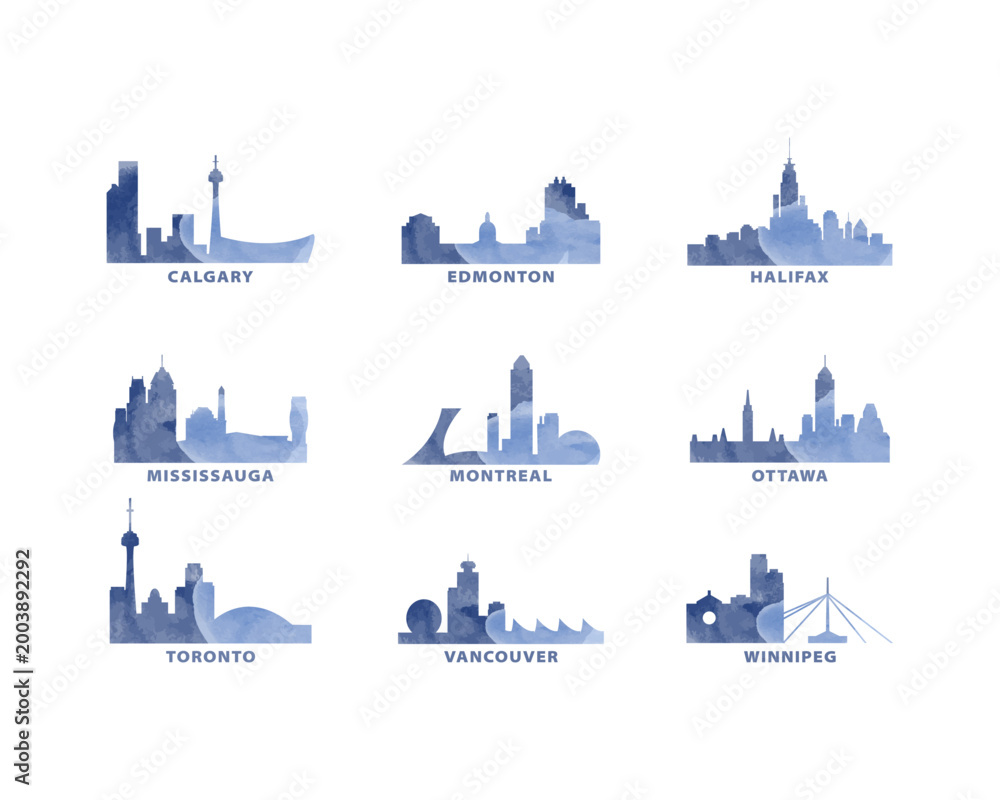 Fototapeta premium Canada cities icon set, watercolor vector city skyline of Calgary, Edmonton, Halifax, Mississauga, Montreal, Ottawa, Toronto, Vancouver, Winnipeg. Isolated clip art pack for web or graphic design