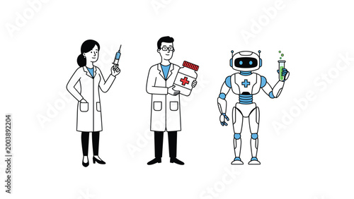 Healthcare, Science & Technology: Medical Professionals, Pharmacist, and AI Robot Illustration