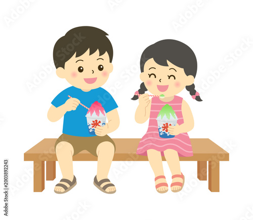 かき氷を食べる子供たち（ベンチ）｜夏休み・兄妹・かわいい人物イラスト