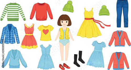 Fashionable Doll Character with Various Clothing Items Including Dresses, Jackets, Shoes, and Accessories for Children’s Dress-up Play Illustrations