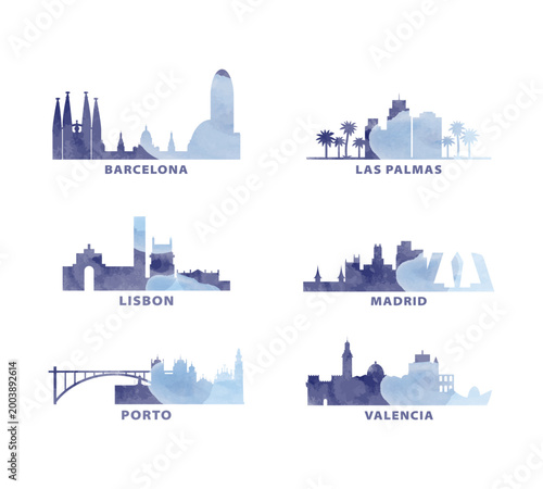 Spain, Portugal cities icon set, watercolor vector city skyline of Barcelona, Las Palmas, Lisbon, Madrid, Porto, Valencia. Isolated clip art pack for web or graphic design