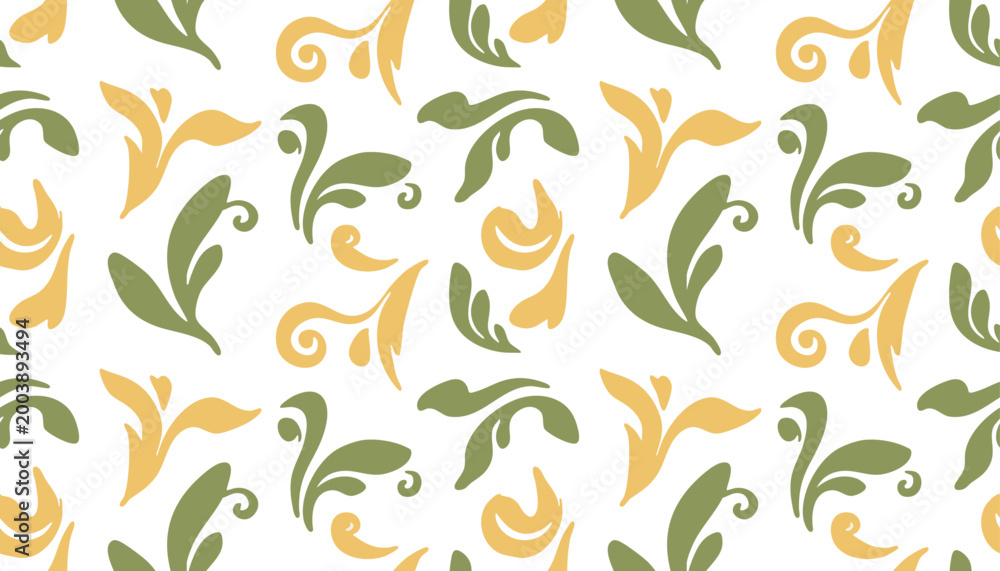 Fototapeta premium Floral pattern with swirling leaves, green and yellow tones