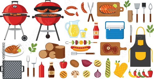 Grilling Tools, Barbecue Food, and Cookware with Sausages, Steaks, Vegetables, and Sauces for Summer Outdoor BBQ Illustrations