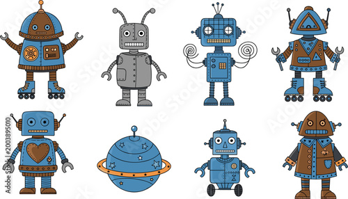 Retro Robots with Vintage Design and Mechanical Details for Sci-Fi, Futuristic, and Cartoon Illustrations