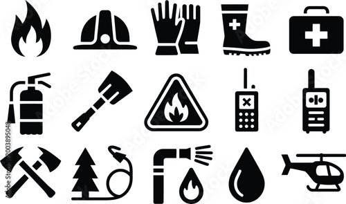 Fire safety, and emergency equipment icons, collection, minimalist vector illustrations featuring firefighting tools and warning symbols for workplace safety and emergency design use.