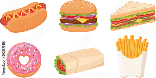 Fast food items collection including burger, hot dog, sandwich, fries, donut, and wrap, colorful vector illustrations for menu design, restaurant branding, and snack themes
