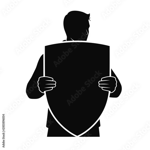 Silhouette of a man holding a shield, symbolizing protection, security, and strength in a minimalist black and white illustration.