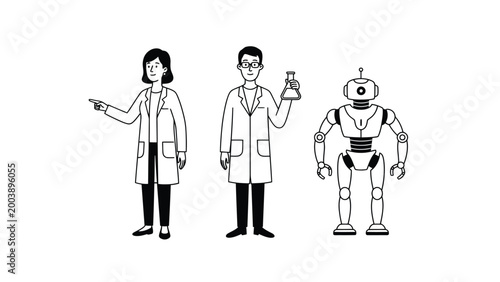 Scientists and Robot Working Together Line Art Illustration for Science & Technology Research
