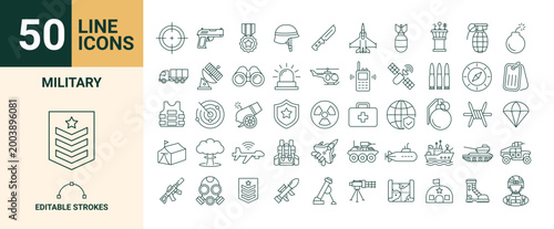 50 Military Line Icons Set Editable Stroke Vector Collection
