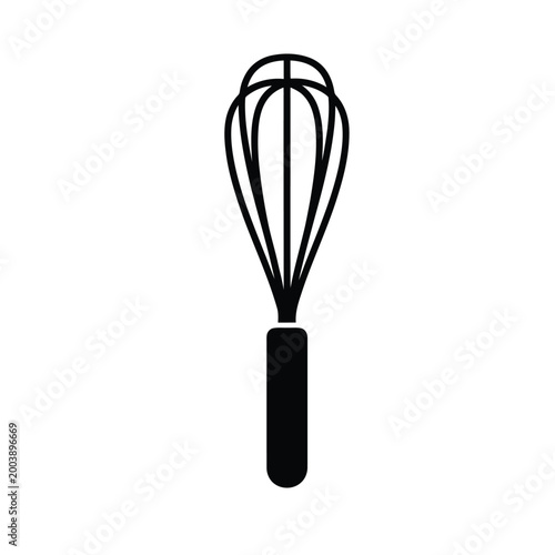 Black and white illustration of a wire whisk with a wooden handle, isolated on a white background, kitchen utensil