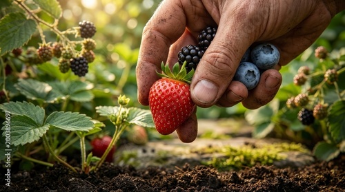 Hand picking fresh berries from garden