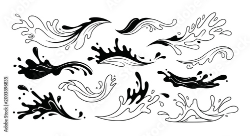 Schilderij op canvas Black and White Water Splashes Vector Set - Abstract Liquid Elements