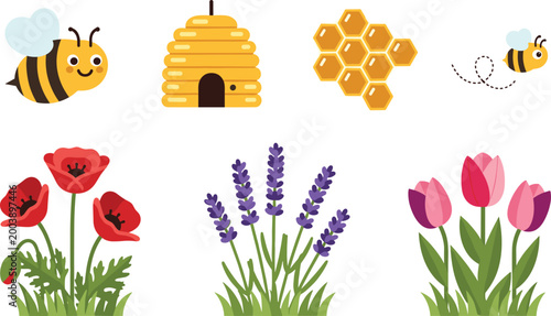 Vector Illustration of Bees, Honeycomb, and Flowers Including Poppies, Lavender, and Tulips for Nature, Gardening, and Spring Designs