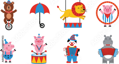 Vector Illustration of Circus Performers and Animals Including Bear, Lion, Clown, and Acrobatic Pig for Entertainment, Circus, and Fun Designs
