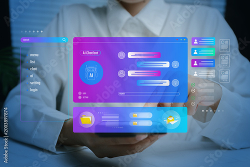 Artificial intelligence concept. Person holding smartphone with AI chatbot interface and virtual UI panels, automation communication system, customer support service, digital assistant