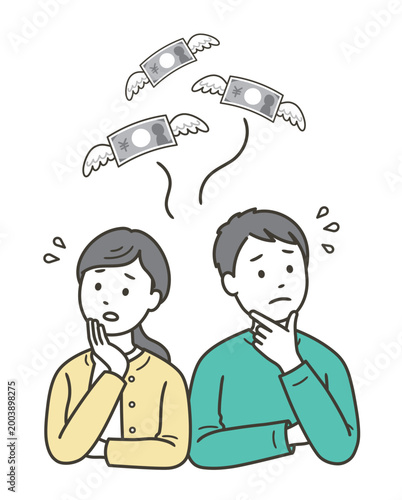 お金に羽根が生えて飛んでいってしまい焦っている若い夫婦
