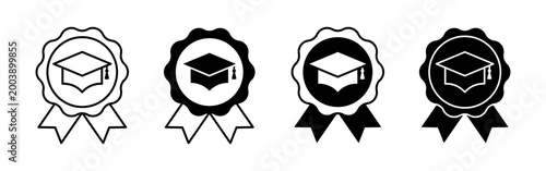 Graduation cap badge icon collection in monochrome styles representing education academic achievement and learning concept