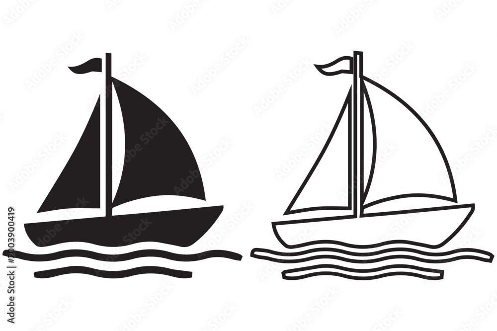 Fototapeta premium Black and white illustration of two sailing boats on water waves