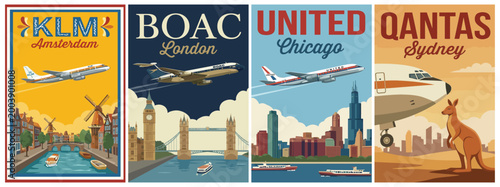 Vintage iconic airlines poster set. Including klm amsterdam, boac london, united chicago, and qantas sydney. Retro vector illustration.